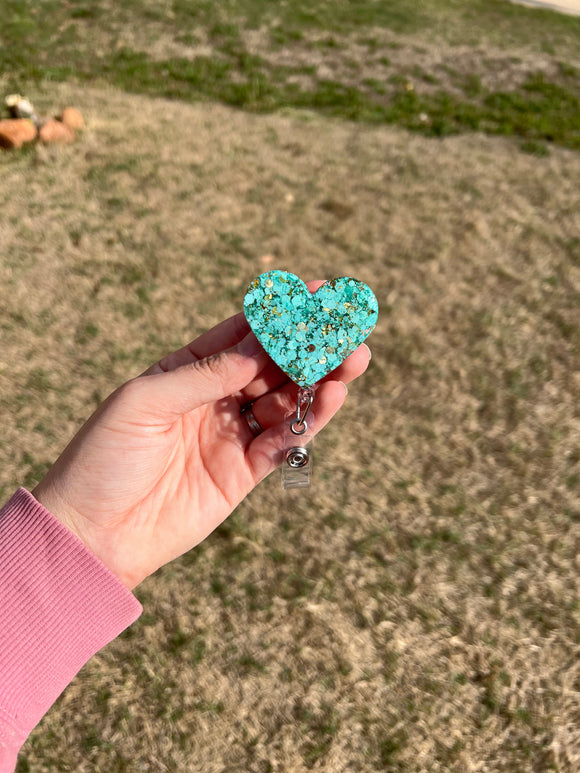 Turquoise and Gold Glitter Heart Badge Reel