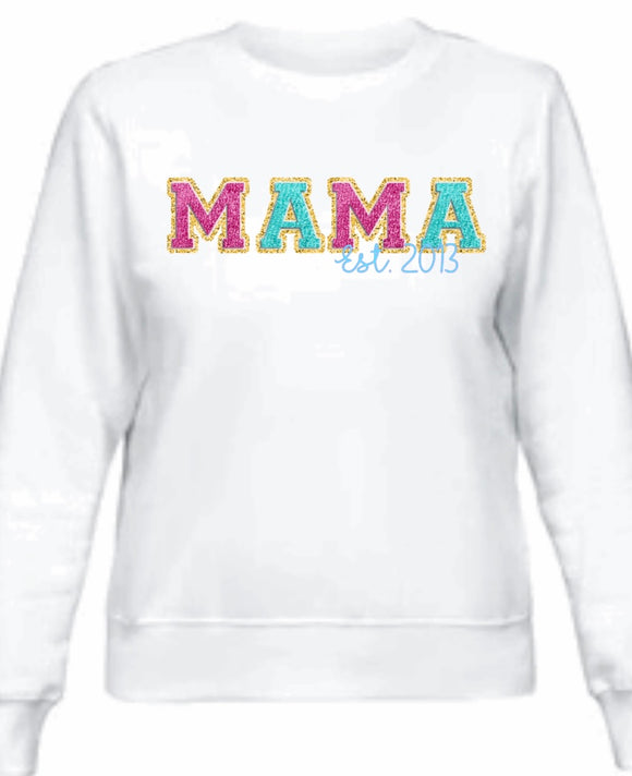 “Chenille Patch” Mama Shirt in Turquoise & Pink
