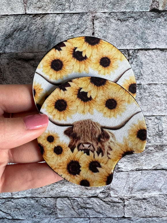 Highland Cow Sunflower Car Coasters