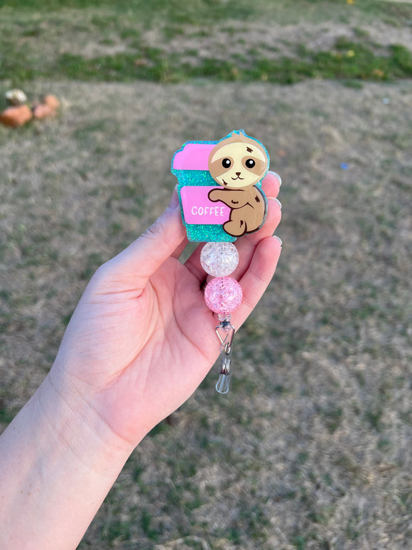 Sloth With Coffee Glitter Badge Reel